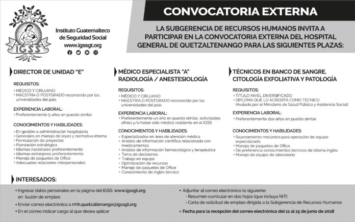 Convocatoria IGSS Plazas Hospital General de Quetzaltenango junio 2018