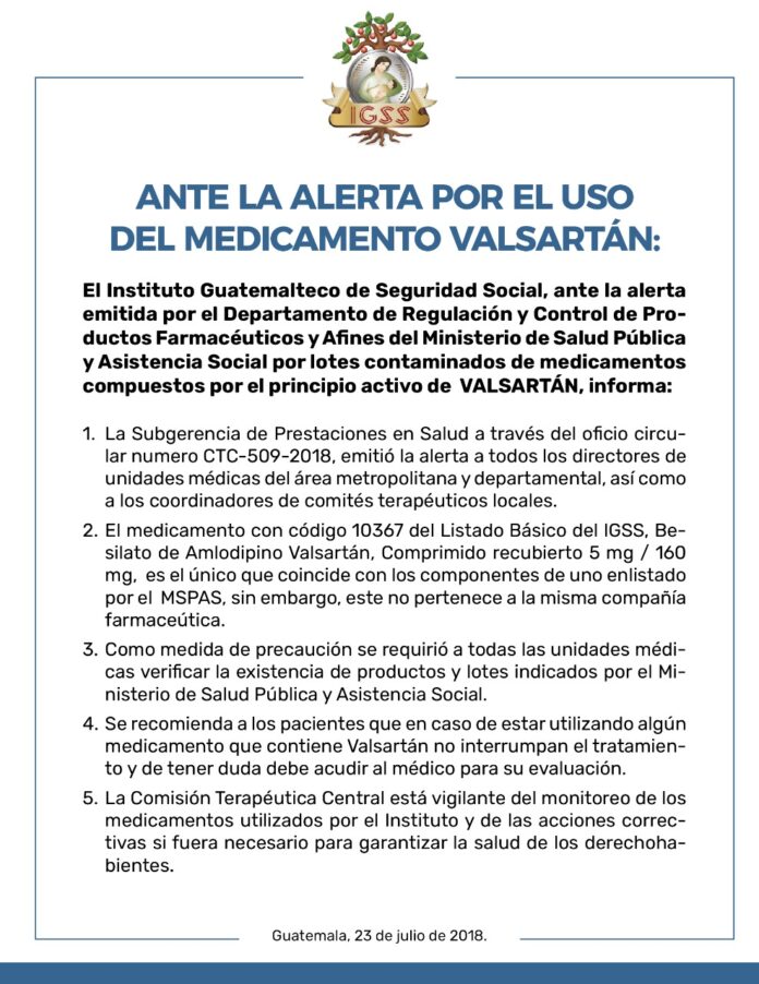 Ante la Alerta por el uso del medicamento Valsartan