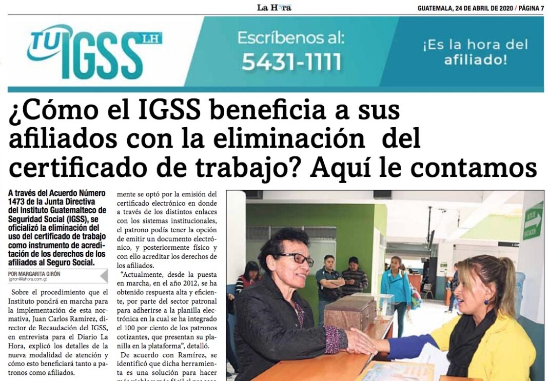 Banner Diario La Hora Como el IGSS beneficia a sus afiliados con la eliminacion del certificado de trabajo 24-04-2020