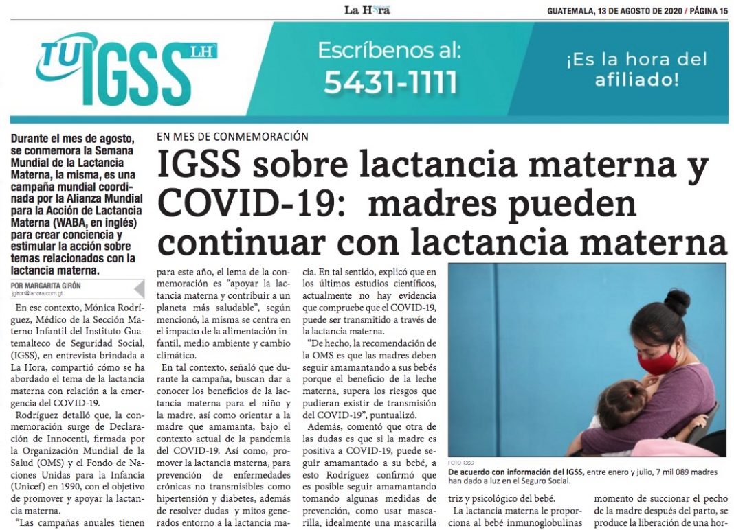 Banner Diario La Hora IGSS sobre lactancia materna y covid-19 madres pueden continuar con lactancia materna