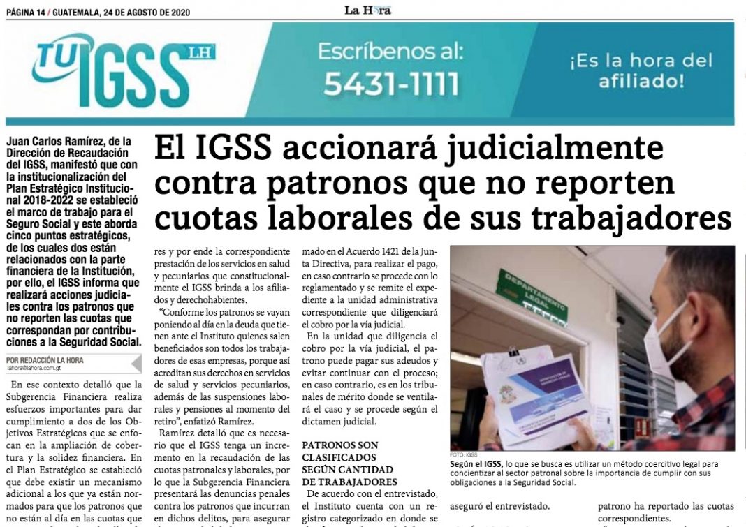 Portada Diario La Hora IGSS accionara judicialmente contra patronos portada