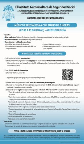Convocatoria de la plaza: Médico Especialista (Anestesiología) para el Hospital General de Enfermedades