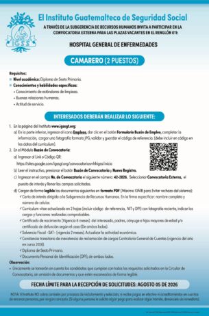 Convocatoria de la plaza: Camarero para el Hospital General de Enfermedades
