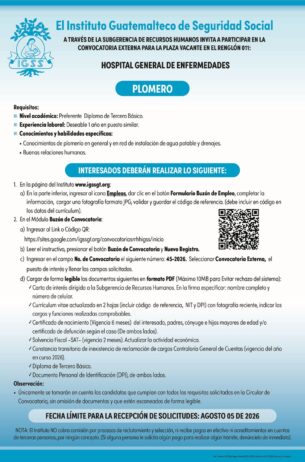 Convocatoria de la plaza: Plomero para el Hospital General de Enfermedades