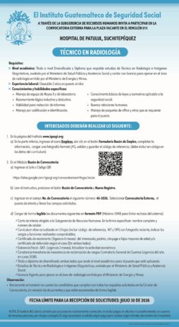 Convocatoria de la plaza: Técnico en Radiología para el Hospital de Patulul, Suchitepéquez