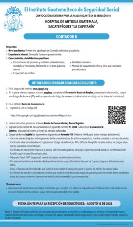 Convocatoria de la plaza: Contador para el Hospital de Antigua Guatemala, Sacatepéquez `La Capitanía´