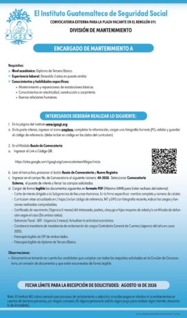 Convocatoria de la plaza: Encargado de Mantenimiento para la División de Mantenimiento