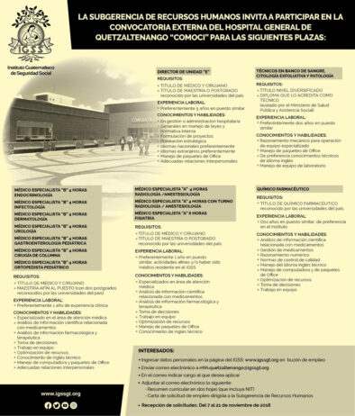 Convocatoria de plazas para el Hospital General de Quetzaltenango