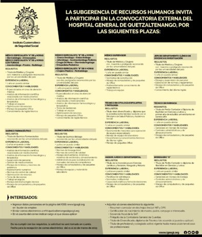 Convocatoria de plazas para el Hospital General de Quetzaltenango