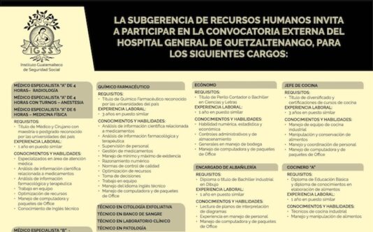 Convocatoria de plazas para el Hospital General de Quetzaltenango