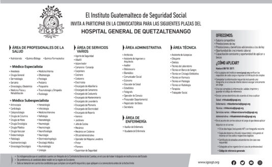 El IGSS invita a participar en la convocatoria para las siguientes plazas del Hospital General de Quetzaltenango