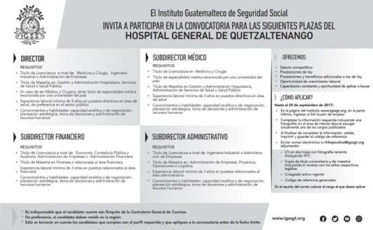 El IGSS invita a participar en la convocatoria para las siguientes plazas del Hospital General de Quetzaltenango