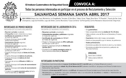 IGSS convoca a participar en proceso de Reclutamiento y Selección “Salvavidas Semana Santa Abril 2017”
