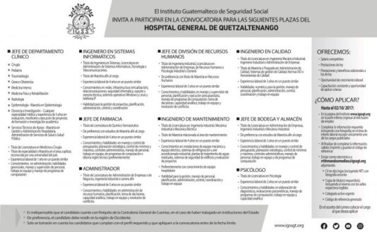 El IGSS invita a participar en la convocatoria para las siguientes plazas del Hospital General de Quetzaltenango