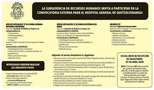 El IGSS invita a participar en la convocatoria de las siguientes plazas para el Hospital General de Quetzaltenango