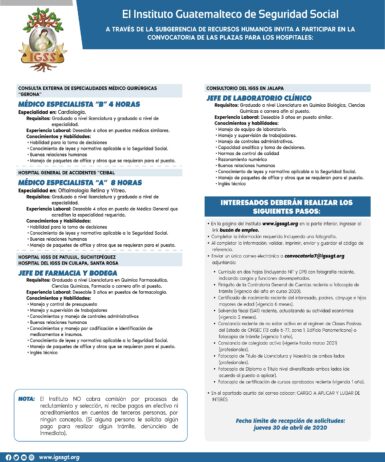 El IGSS invita a participar en la convocatoria de las siguientes plazas para hospitales