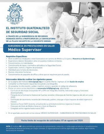 El IGSS invita a participar en la convocatoria de la plaza de Médico Supervisor
