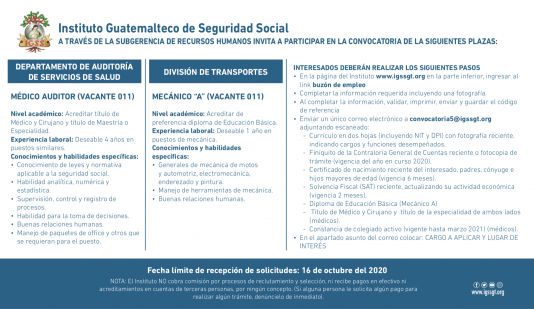 El IGSS a través de la Subgerencia de Recursos Humanos invita a participar en la convocatoria de las siguientes plazas: