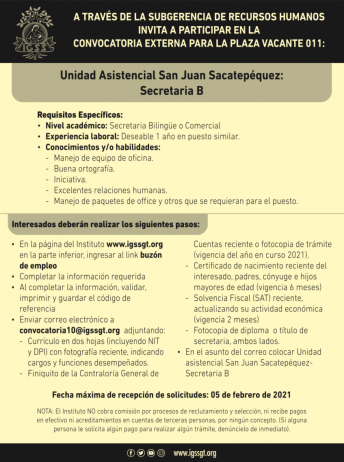 El IGSS invita a participar en la convocatoria externa para la plaza 011 de Secretaria “B”