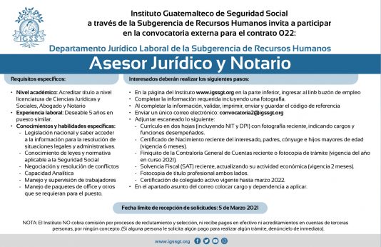 El IGSS invita a participar en la convocatoria externa para la plaza Asesor Jurídico y Notario