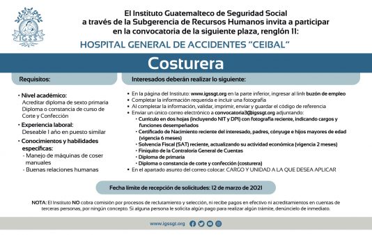 El IGSS invita a participar en la convocatoria externa para la plaza Costurera