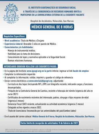 El IGSS invita a participar en la convocatoria externa para la plaza de Médico General de 8 horas