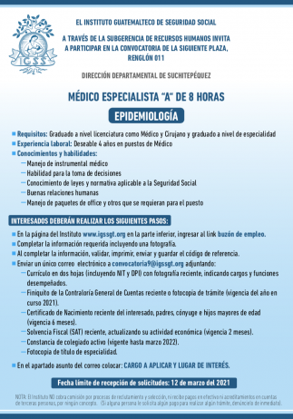 El IGSS invita a participar en la convocatoria para la plaza Médico Especialista A (Epidemiología), Suchitepéquez
