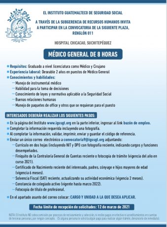 El IGSS invita a participar en la convocatoria para la plaza Médico General 8 horas, Chicacao, Suchitepéquez