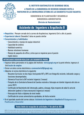 El IGSS invita a participar en la convocatoria de la plaza vacante: Asistente de Ingeniero o Arquitecto B