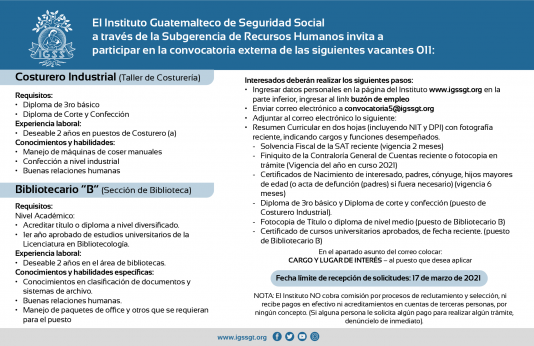 El IGSS invita a participar en la convocatoria para las plazas Costurero Industrial y Bibliotecario B