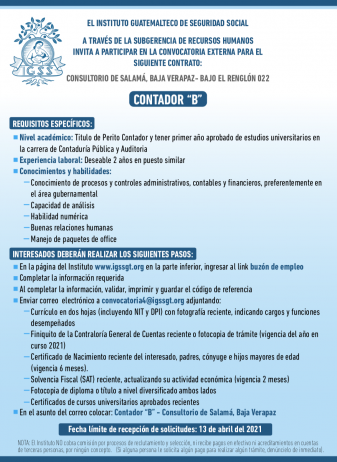 El IGSS invita a participar en la convocatoria de la plaza vacante: Contador B
