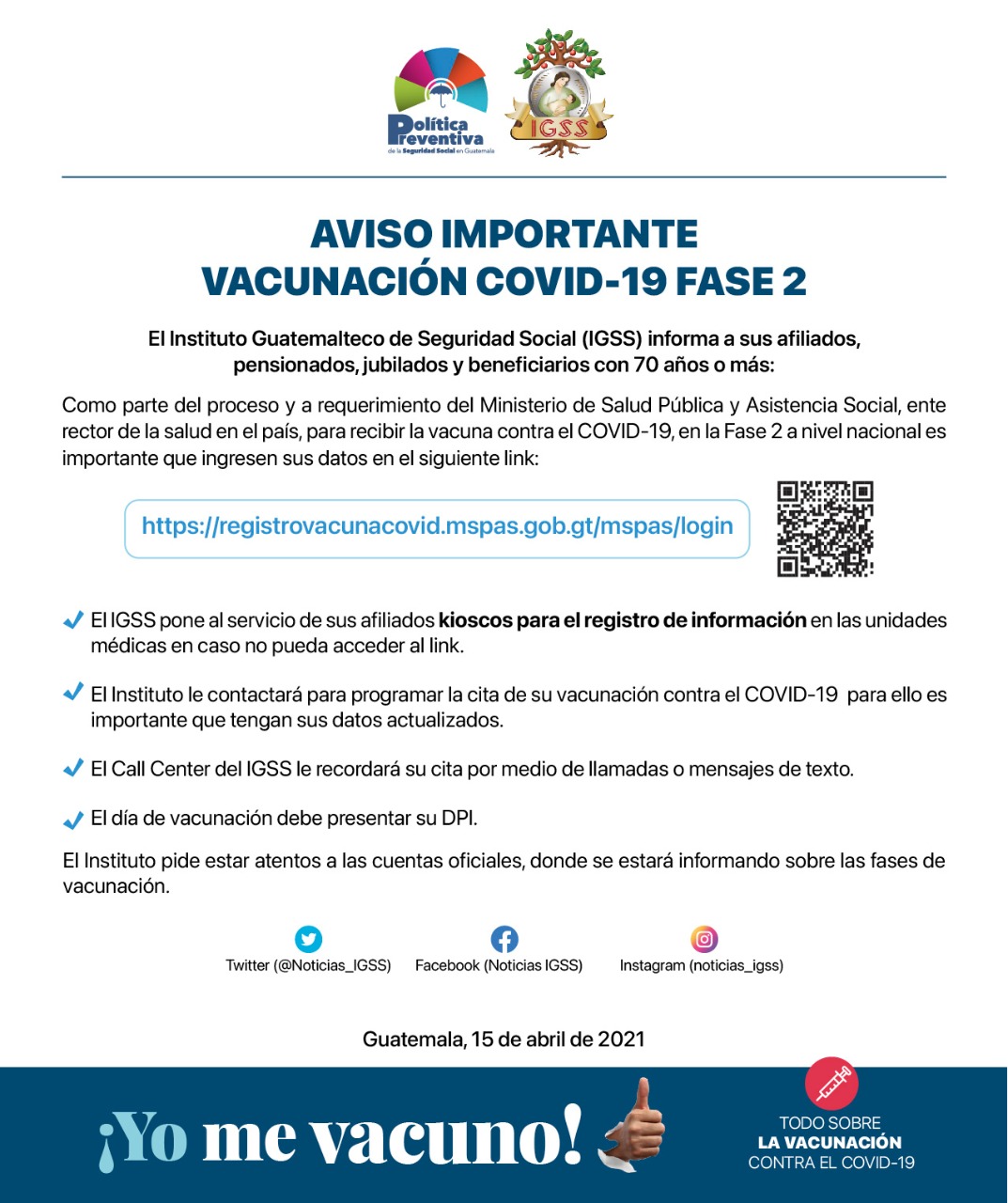 Aviso vacunacion covid 19 IGSS MSPAS fase 2 2021