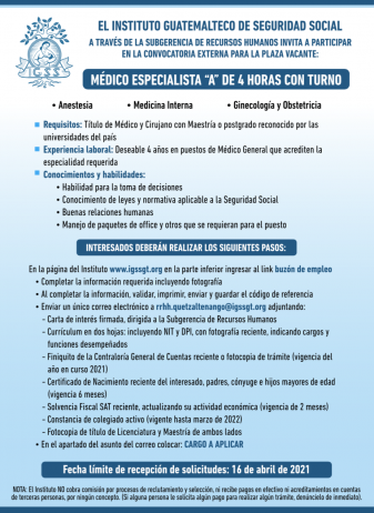 El IGSS invita a participar en la convocatoria de la plaza vacante: Médico Especialista A