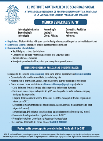 El IGSS invita a participar en la convocatoria de la plaza vacante: Médico Especialista B