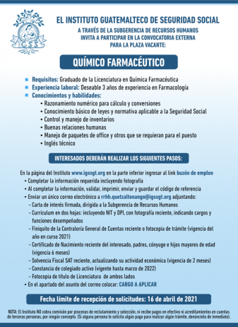 El IGSS invita a participar en la convocatoria de la plaza vacante: Químico Farmacéutico