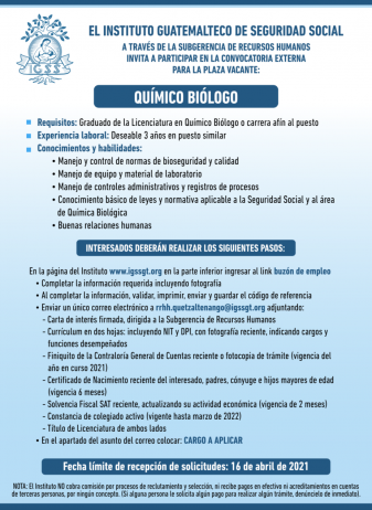El IGSS invita a participar en la convocatoria de la plaza vacante: Químico Biólogo