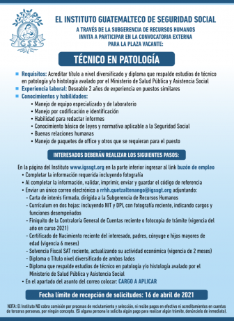 El IGSS invita a participar en la convocatoria de la plaza vacante: Técnico en Patología