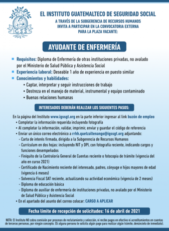 El IGSS invita a participar en la convocatoria de la plaza vacante: Ayudante de Enfermería