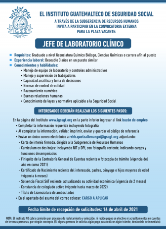 El IGSS invita a participar en la convocatoria de la plaza vacante: Jefe de Laboratorio Clínico