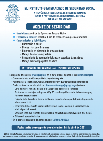 El IGSS invita a participar en la convocatoria de la plaza vacante: Agente de Seguridad