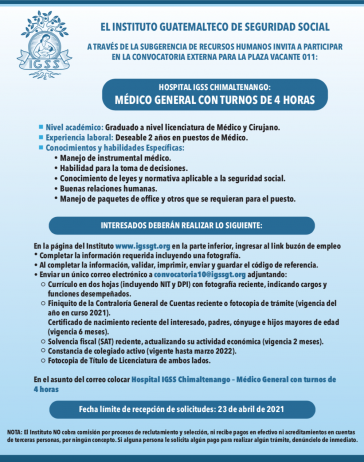 El IGSS invita a participar en la convocatoria para la plaza de Médico General