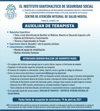El IGSS invita a participar en la convocatoria de la plaza vacante: Auxiliar de Terapista