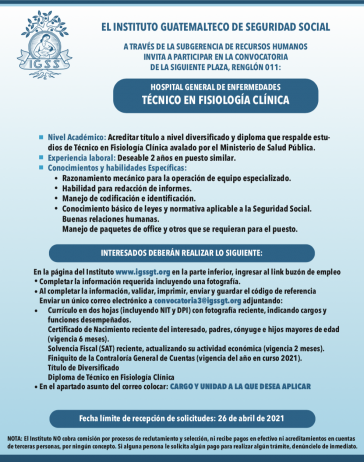 El IGSS invita a participar en la convocatoria para la plaza de Técnico en Fisiología Clínica