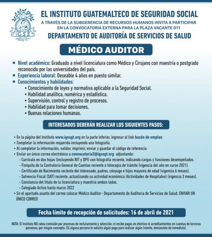 El IGSS invita a participar en la convocatoria de la plaza vacante: Médico Auditor