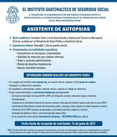 El IGSS contratará Asistente de Autopsias, área metropolitana