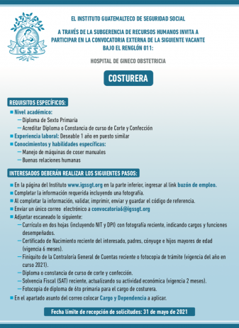 El IGSS contratará Costurera para el Hospital de Gineco Obstetricia