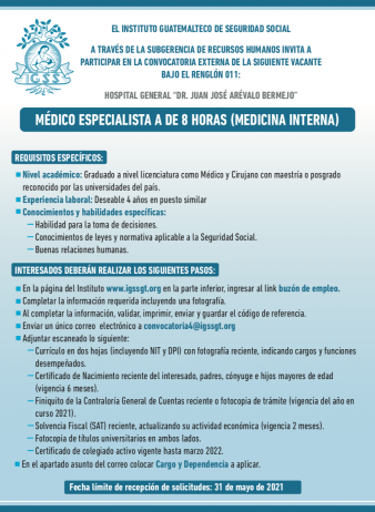 El IGSS contratará Médico Especialista A de 8 horas, Medicina Interna