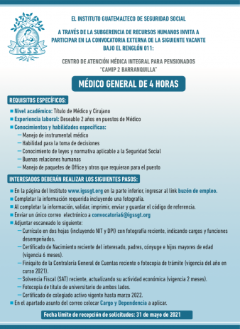El IGSS contratará Médico General de 4 horas para el centro CAMIP 2 Barranquilla