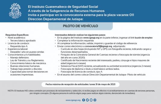 El IGSS contratará Piloto de Vehículo para la Dirección Departamental de Jutiapa