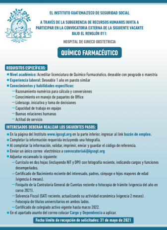 El IGSS contratará Químico Farmacéutico para el Hospital de Gineco Obstetricia